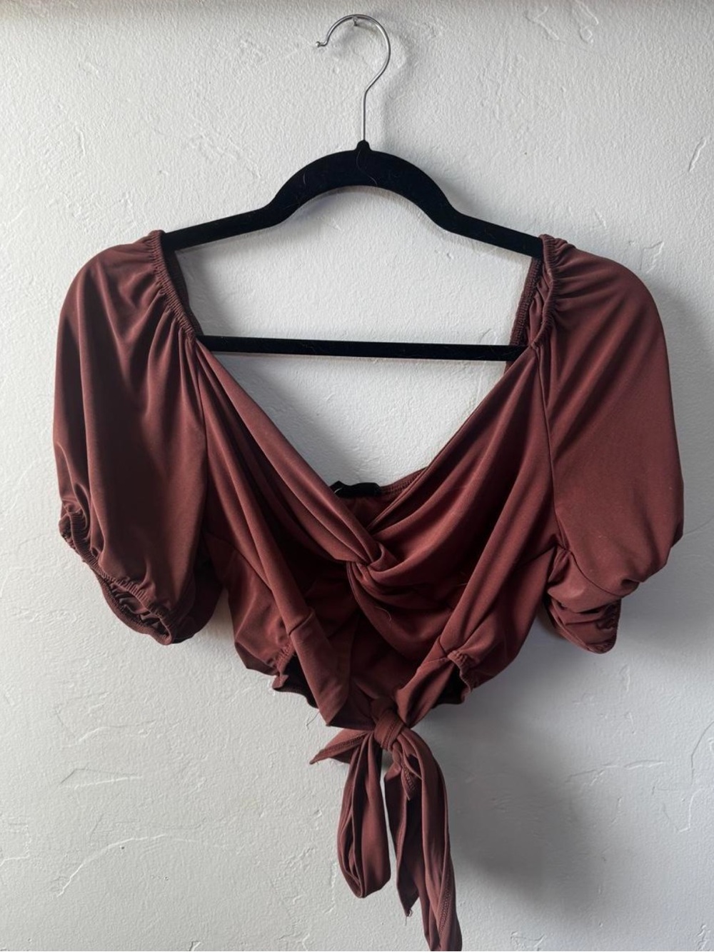 Triple 7 Mahogany Tie-Front Puff Sleeve Crop Top